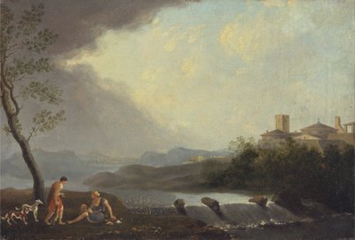 Een denkbeeldig Italiaans landschap met klassieke figuren en een waterval door Thomas Jones